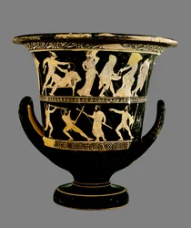 Attisch rotfiguriger Kalix-Krater mit zwei übereinander liegenden Bildfriesen, die das Leben des Theseus oben und Prometheus, Satyrn und andere Figuren unten zeigen, 425 v. Chr. (Keramik)